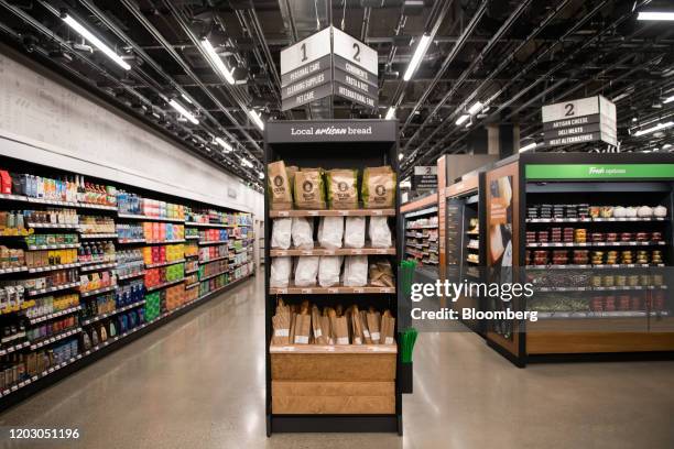 Bread sits on shelves during a tour of a new Amazon Go store in the Capitol Hill neighborhood of Seattle, Washington, U.S., on Monday, Feb. 24, 2020....