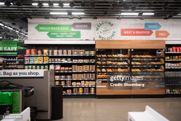 Food items sits on shelves during a tour of a new Amazon Go store in the Capitol Hill neighborhood of Seattle, Washington, U.S., on Monday, Feb. 24,...