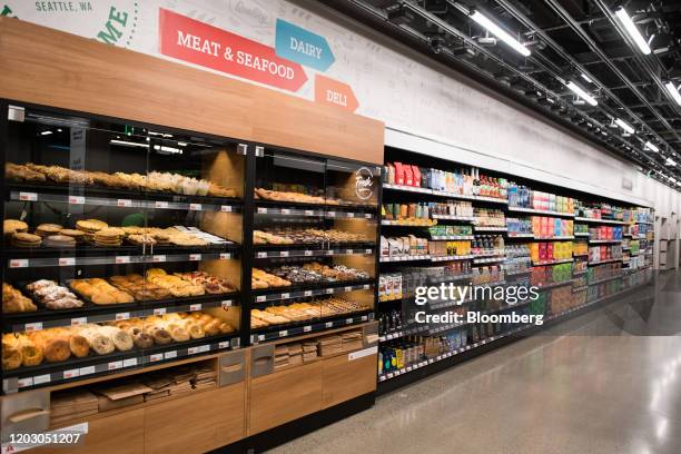Baked goods sit in a cabinet during a tour of a new Amazon Go store in the Capitol Hill neighborhood of Seattle, Washington, U.S., on Monday, Feb....