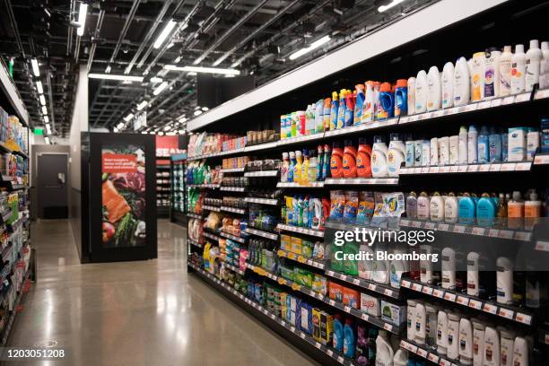 Cleaning products sit on shelves during a tour of a new Amazon Go store in the Capitol Hill neighborhood of Seattle, Washington, U.S., on Monday,...