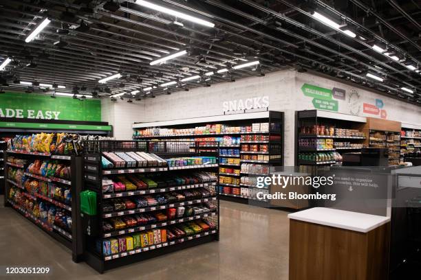 Food items sits on shelves during a tour of a new Amazon Go store in the Capitol Hill neighborhood of Seattle, Washington, U.S., on Monday, Feb. 24,...