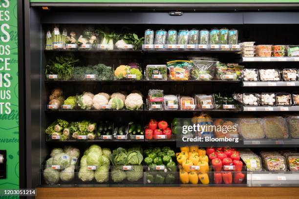 Produce sits on shelves during a tour of a new Amazon Go store in the Capitol Hill neighborhood of Seattle, Washington, U.S., on Monday, Feb. 24,...