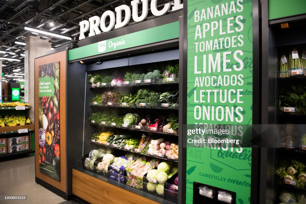 First Amazon Store Produce sits on shelves during a tour of a new Amazon Go store in the ...