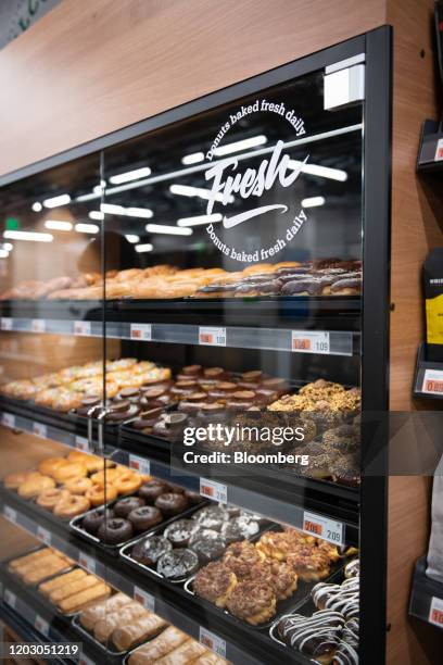 Baked goods sit in a cabinet during a tour of a new Amazon Go store in the Capitol Hill neighborhood of Seattle, Washington, U.S., on Monday, Feb....
