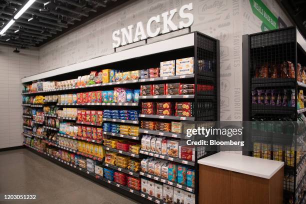 The snack aisle is seen during a tour of a new Amazon Go store in the Capitol Hill neighborhood of Seattle, Washington, U.S., on Monday, Feb. 24,...