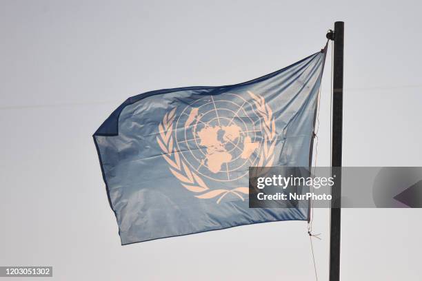 Flag of the United Nations seen at the entrance to the UN West bank field office in Jerusalem. On Monday, February 24 in Jerusalem, Israel.