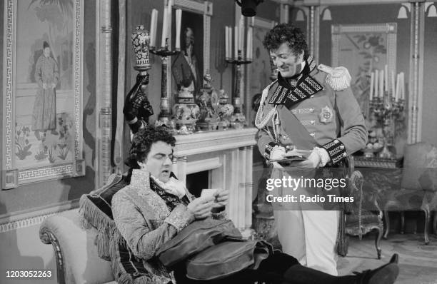 Actors Rowan Atkinson and Stephen Fry in a scene from episode 'Duel and Duality' of the BBC television series 'Blackadder the Third', July 3rd 1987.