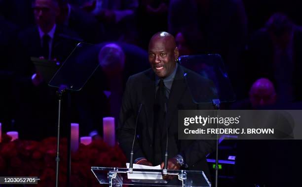 Retired US basketball player Michael Jordan speaks during the "Celebration of Life for Kobe and Gianna Bryant" service at Staples Center in Downtown...