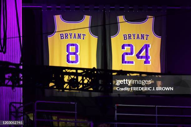 Kobe Bryant's Lakers jerseys are displayed during the "Celebration of Life for Kobe and Gianna Bryant" service at Staples Center in Downtown Los...