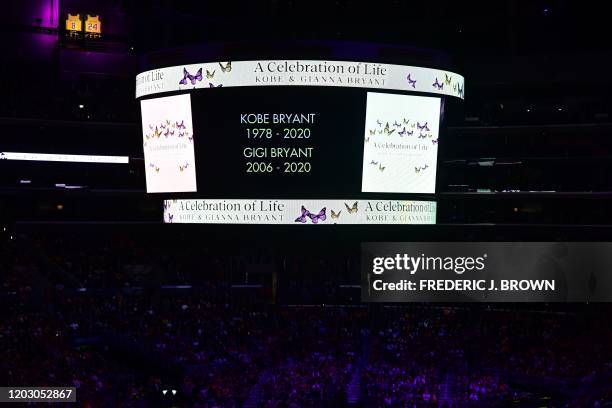 People attend the "Celebration of Life for Kobe and Gianna Bryant" service at Staples Center in Downtown Los Angeles on February 24, 2020. - Kobe...