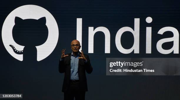 Microsoft CEO Satya Nadella addresses the Microsoft Future Decoded Summit at St Regis, on February 24, 2020 in Mumbai, India.