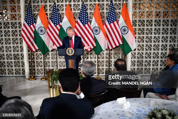 President Donald Trump speaks during a business roundtable meeting at Roosevelt House in New Delhi on February 25, 2020.