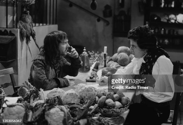 Actors Tony Robinson and Rowan Atkinson in a scene from episode 'Dish and Dishonesty' of the BBC television series 'Blackadder the Third', June 19th...