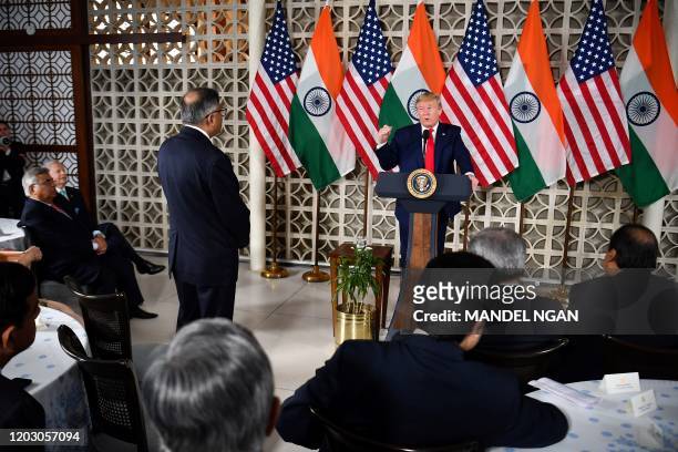 President Donald Trump participates in a business roundtable at Roosevelt House in New Delhi on February 25, 2020.