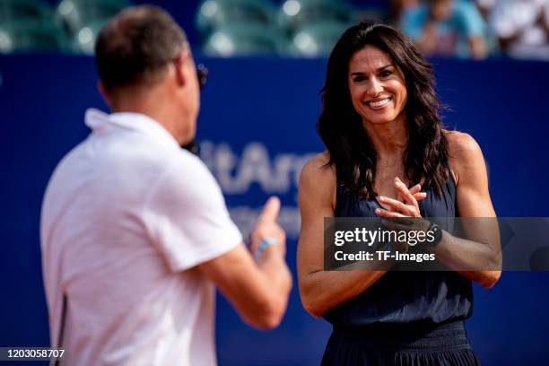 Gabriela Sabatini of Argentina smiles during day 7 of ATP Buenos Aires Argentina Open at Buenos Aires Lawn Tennis Club on February 16, 2020 in Buenos...