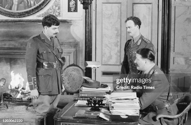 Actors Rowan Atkinson, Tim McInnerny and Stephen Fry in a scene from episode 'General Hospital' of the BBC television series 'Blackadder Goes Forth',...