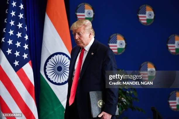 President Donald Trump arrives for a press conference in New Delhi on February 25, 2020.