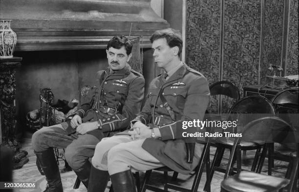 Actors Hugh Laurie and Rowan Atkinson in a scene from episode 'Private Plane' of the BBC television series 'Blackadder Goes Forth', September 7th...