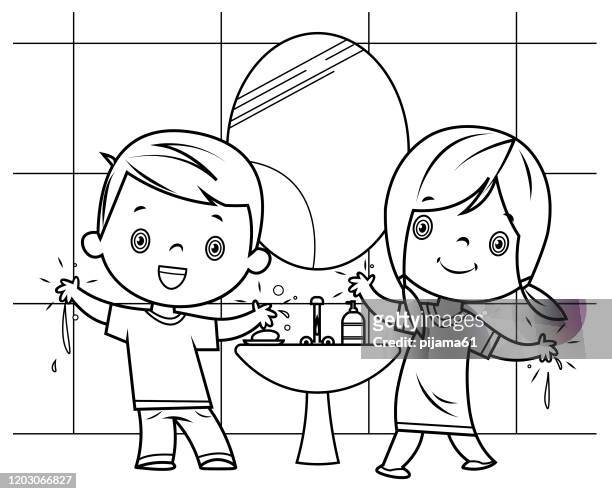 Black And White Boy And Girl Washing Hands High-Res Vector Graphic - Getty  Images