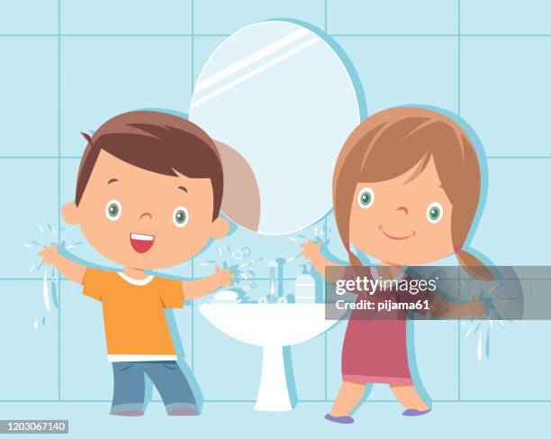 boy and girl washing hands - hand washing cartoon stock illustrations