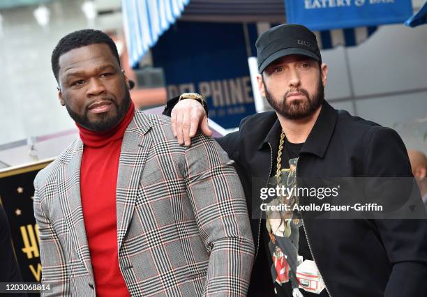 Curtis "50 Cent" Jackson and Eminem attend the ceremony honoring Curtis "50 Cent" with a Star on the Hollywood Walk of Fame on January 30, 2020 in...