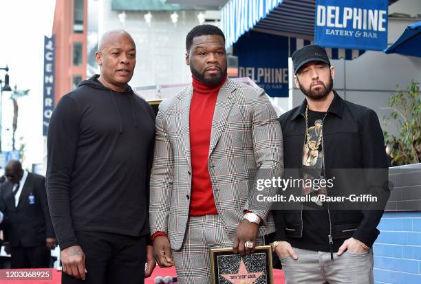Dr. Dre, Curtis "50 Cent" Jackson and Eminem attend the ceremony honoring Curtis "50 Cent" with a Star on the Hollywood Walk of Fame on January 30,...