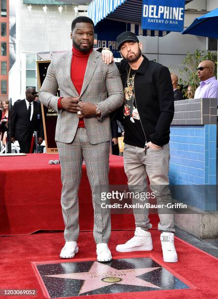 Curtis "50 Cent" Jackson and Eminem attend the ceremony honoring Curtis "50 Cent" with a Star on the Hollywood Walk of Fame on January 30, 2020 in...