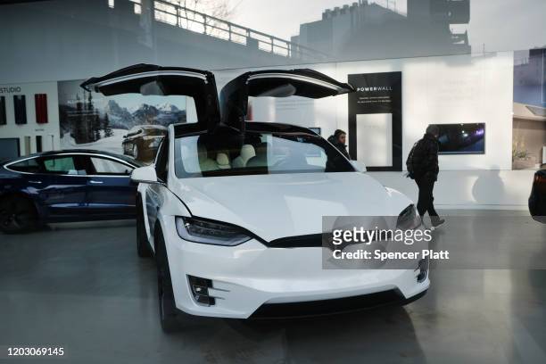 Tesla vehicle is displayed in a Manhattan dealership on January 30, 2020 in New York City. Following a fourth-quarter earnings report, Tesla, the...