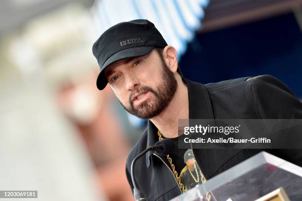 Eminem attends the ceremony honoring Curtis "50 Cent" with a Star on the Hollywood Walk of Fame on January 30, 2020 in Hollywood, California.