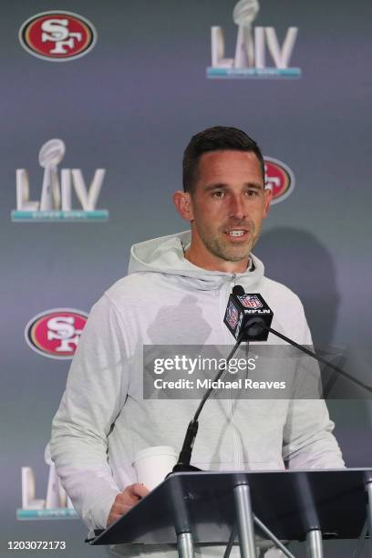 Head coach Kyle Shanahan of the San Francisco 49ers speaks to the media during the San Francisco 49ers media availability prior to Super Bowl LIV at...