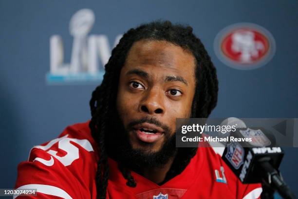 Richard Sherman of the San Francisco 49ers speaks to the media during the San Francisco 49ers media availability prior to Super Bowl LIV at the James...