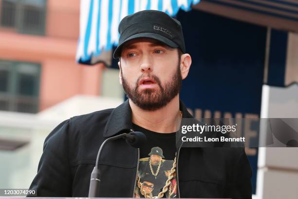 Eminem speaks during a ceremony honoring 50 Cent with a star on the Hollywood Walk of Fame on January 30, 2020 in Hollywood, California.