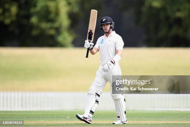 Will Young of New Zealand A celebrates his half century during Day 2 of the Test Series between New Zealand A and India A at Hagley Oval on January...