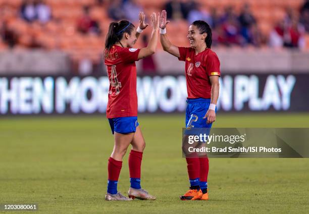 Priscila Chinchilla of Costa Rica celebrates her goal with Lixy Rodriguez during a game between Costa Rica and Panama at BBVA Stadium on January 28,...