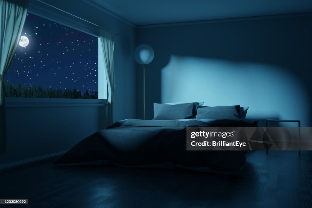 滿月之夜帶床的臥室的3D渲染