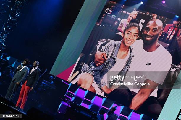 Rickey Smiley and Devin Funchess do a tribute to Gianna 'Gigi' Bryant and Kobe Bryant during the BET Super Bowl Gospel Celebration at the James L....