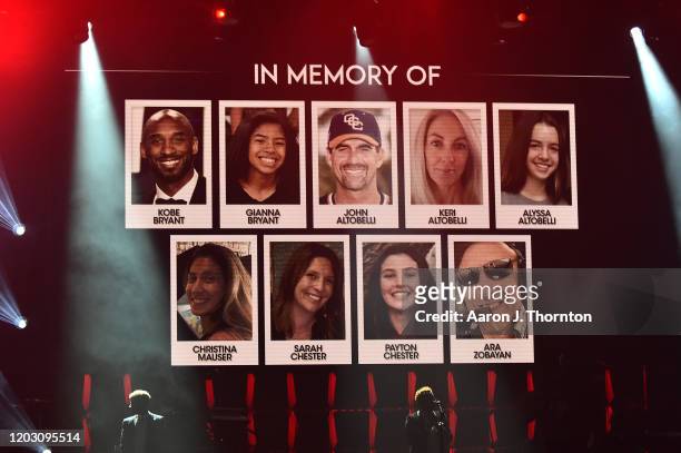 View of the screen during a tribute to victims of the helicopter crash that killed Kobe Bryant during the BET Super Bowl Gospel Celebration at the...
