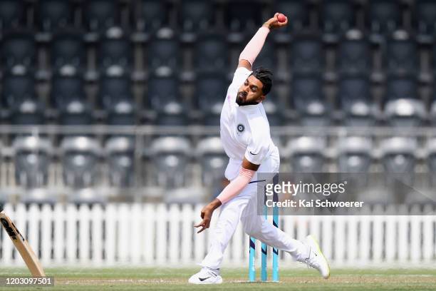 Vijay Shankar of India A bowls during Day 2 of the Test Series between New Zealand A and India A at Hagley Oval on January 31, 2020 in Christchurch,...