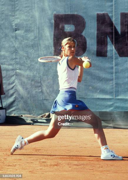 Picture dated may 1982 and showing American tennis star Chris Evert Lloyd in action during a French tennis Open match at Roland Garros Stadium.