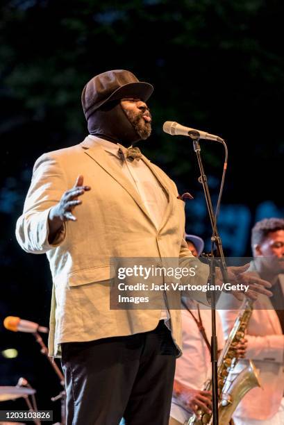 American Jazz vocalist Gregory Porter performs, with his septet, during a concert in the Blue Note Jazz Festival at Central Park SummerStage, New...