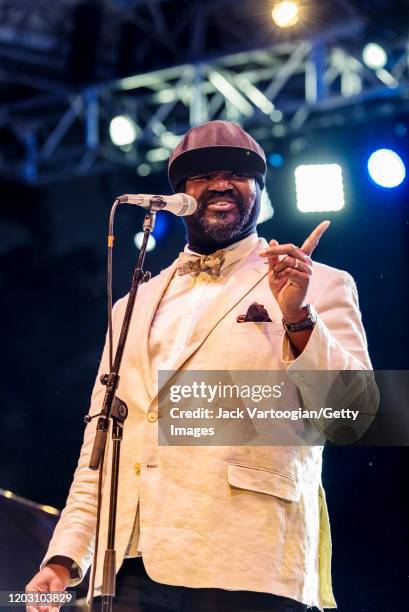 American Jazz vocalist Gregory Porter performs, with his septet, during a concert in the Blue Note Jazz Festival at Central Park SummerStage, New...