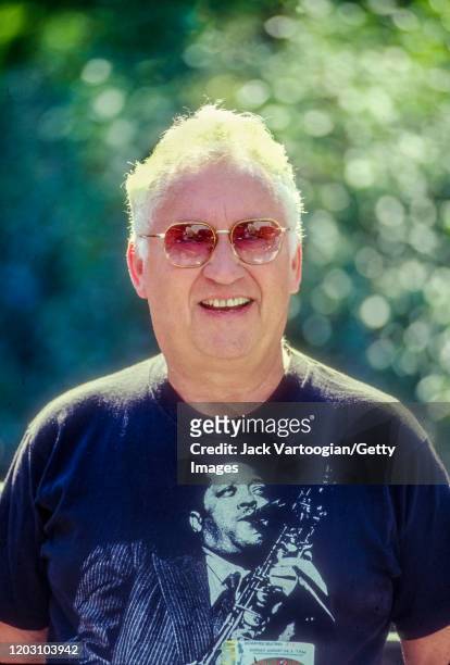 Portrait of American Jazz musician Lee Konitz as he poses backstage at the 5th annual Charlie Parker Jazz Festival in Tompkins Square Park, New York,...