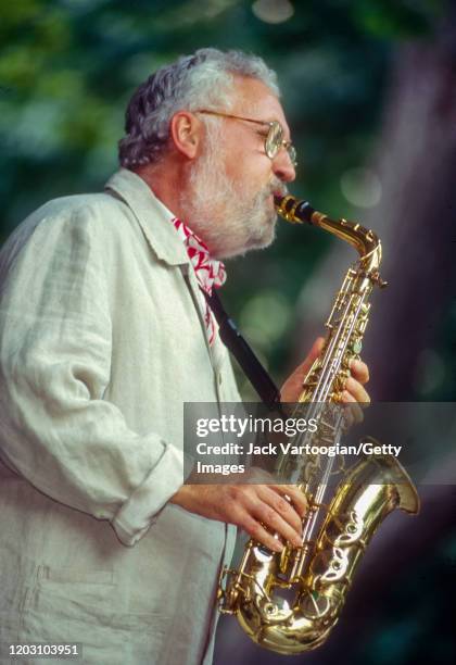 American Jazz musician Lee Konitz plays alto saxophone as he performs during the 3rd annual Charlie Parker Jazz Festival in Tompkins Square Park, New...