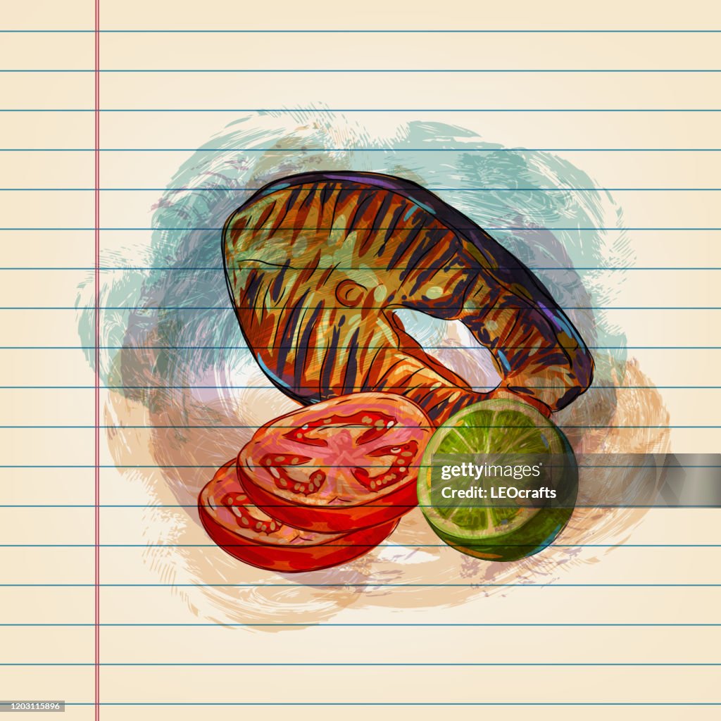 Grilled Salmon Fish Drawing on Ruled Paper