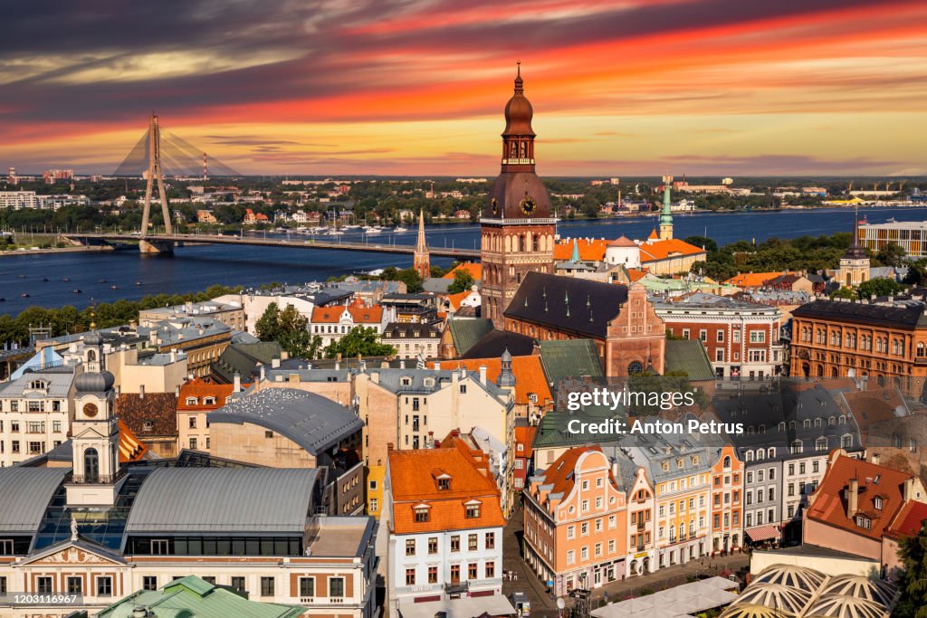 View of Old Riga at sunset from the St. Peter's Church, Riga, Latvia