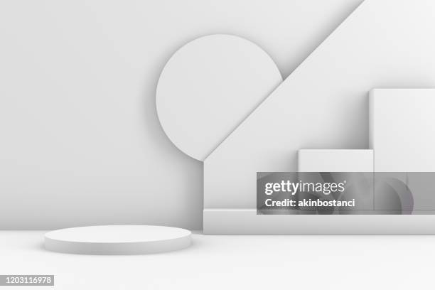 3d geometric shapes abstract minimal background, blank product stand, white background - cenário de palco imagens e fotografias de stock