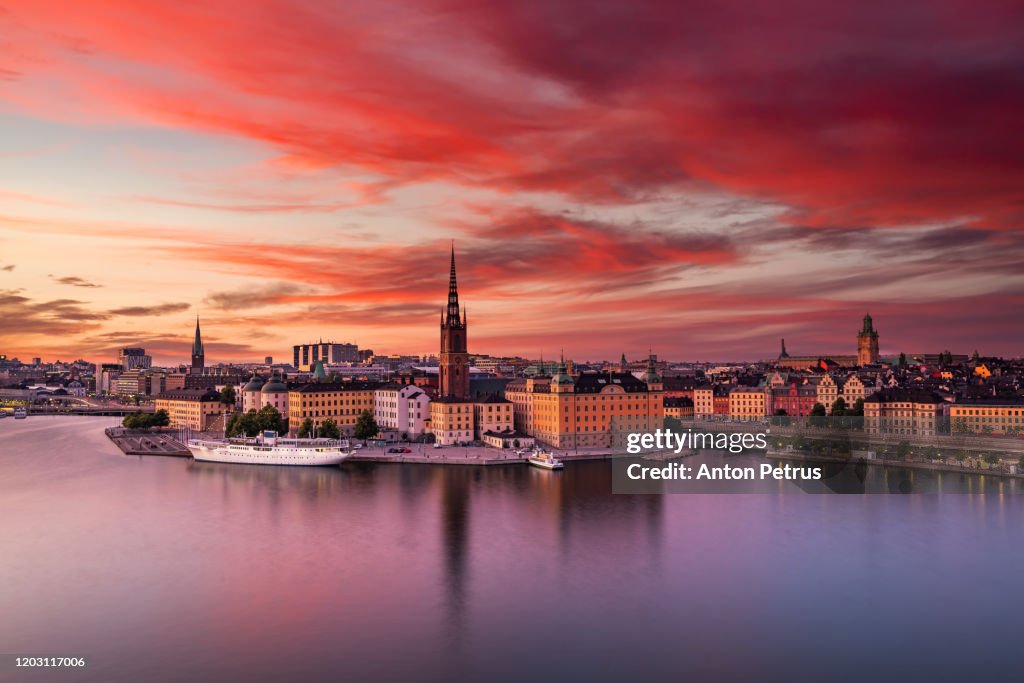 Scenic panoramic view of Gamla Stan, in the Old Town in Stockholm at sunset, Sweden