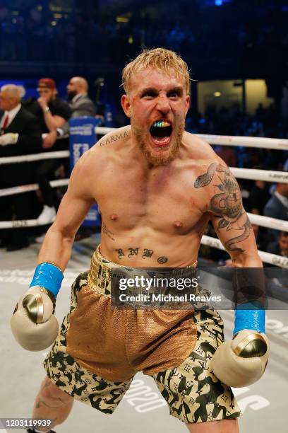 Jake Paul celebrates after defeating AnEsonGib in a first round knockout during their fight at Meridian at Island Gardens on January 30, 2020 in...