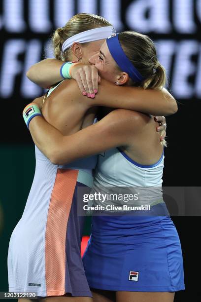 Timea Babos of Hungary and Kristina Mladenovic of France celebrate after winning their Women’s Doubles Final match against Su-Wei Hsieh of Taiwan and...