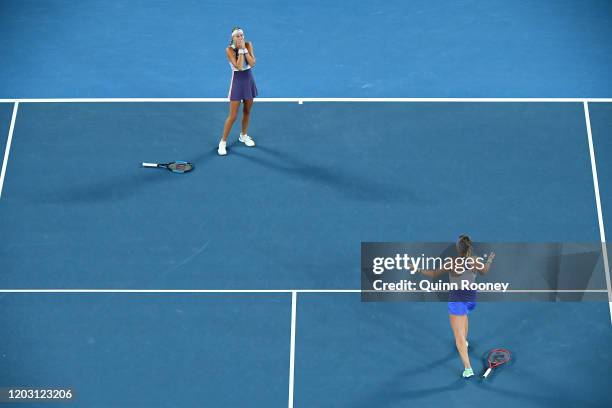 Timea Babos of Hungary and Kristina Mladenovic of France celebrate after winning their Women’s Doubles Final match against Su-Wei Hsieh of Taiwan and...